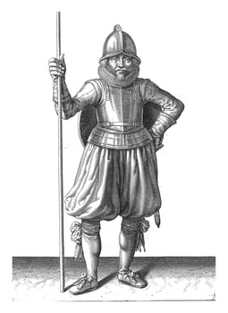 The exercise with shield and spear, Adam van Breen, 1616 - 1618, vintage illustration. photo