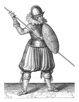 The exercise with shield and spear, Adam van Breen, 1616 - 1618, vintage illustration. photo