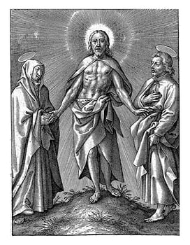 Resurrected Christ accompanied by Mary and John the Baptist, Hieronymus Wierix, 1563 - 1619 photo