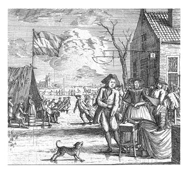 Winter landscape with inn and skaters photo