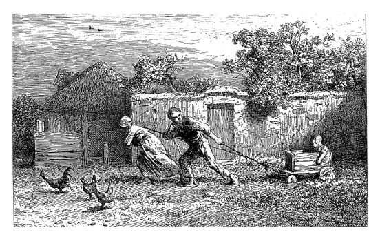 Parents pull their child in a cart in the yard, Charles Emile Jacque, 1865 photo