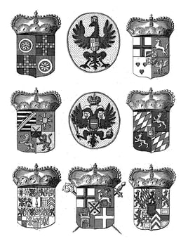 Leaf with the family arms of nine people portrayed photo