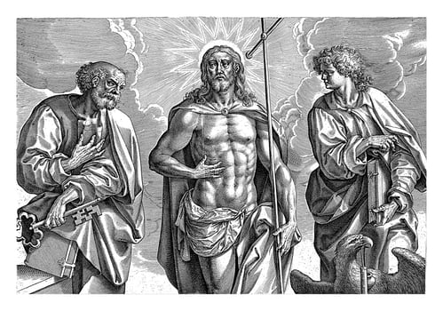 Resurrected Christ between Peter and John the Evangelist photo