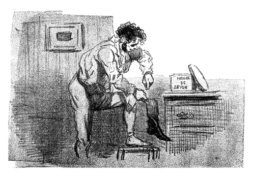 To fall finally in the boots, vintage engraving. photo