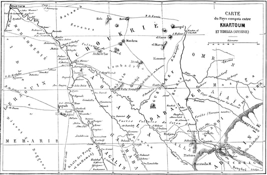 Map of the Country between Khartoum and Tchelga, vintage engraving. photo