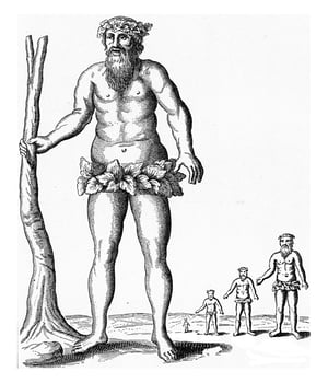 Evidence of Kircher in support of legends about giants, vintage engraving. photo