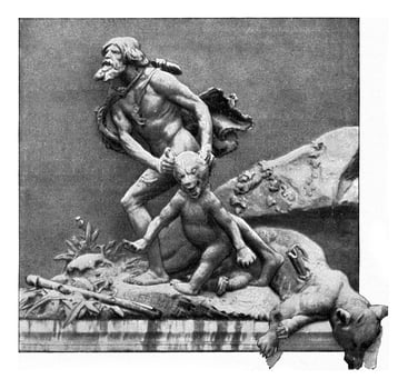 Bear hunting in prehistoric times, vintage engraving. photo
