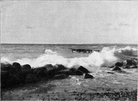 Breakers on a flat coast, vintage engraving. photo