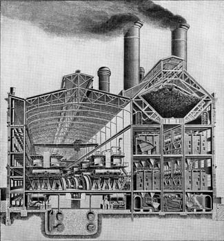 Section through a modern power plant station, Edison's work in New York, vintage engraving. photo