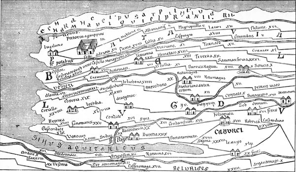Fragment of the Peutinger Map, vintage engraving. photo