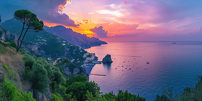 AI generated Amalfi coast coastline in Sorrentine Peninsula, Campania region, Italy. Holiday destination shoreline with hills, beaches, and cliffs, sea view, sunset golden hour wallpaper photo