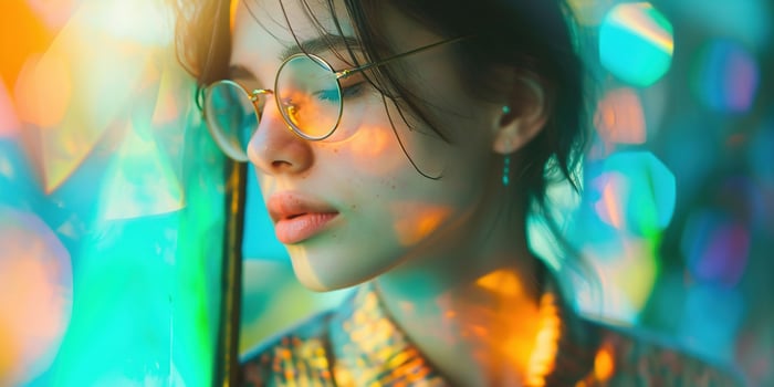 AI generated Young woman model in their 20s posing in a prism stained glass rainbow spectrum bright color lighting. Natural beauty, youth, face skin care, fashion and makeup concept background photo