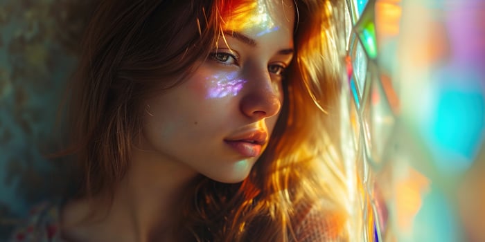 AI generated Young woman model in their 20s posing in a prism stained glass rainbow spectrum bright color lighting. Natural beauty, youth, face skin care, fashion and makeup concept background photo