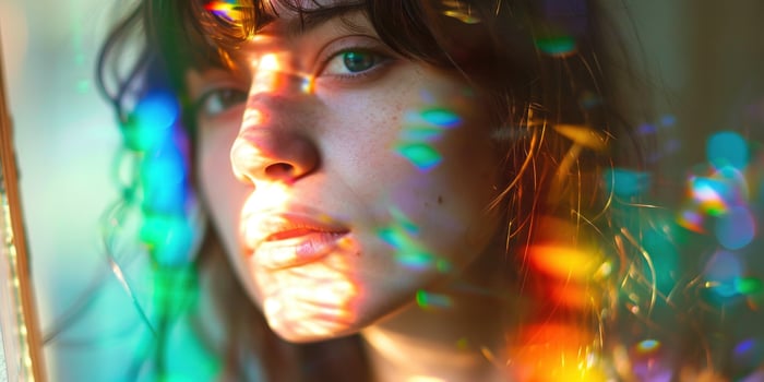 AI generated Young woman model in their 20s posing in a prism stained glass rainbow spectrum bright color lighting. Natural beauty, youth, face skin care, fashion and makeup concept background photo