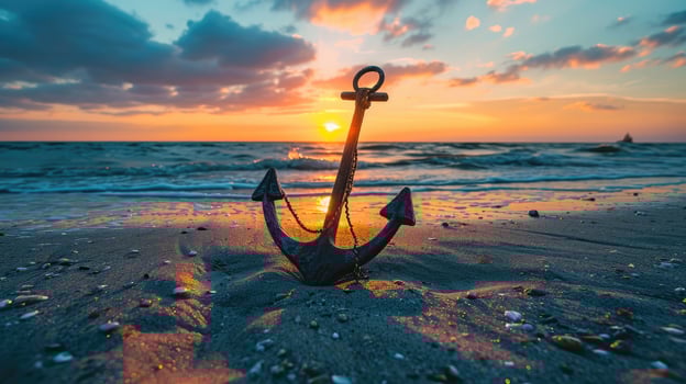 AI generated At sunset, an anchor rests on the sandy beach, a symbol of maritime tranquility, Ai Generated photo
