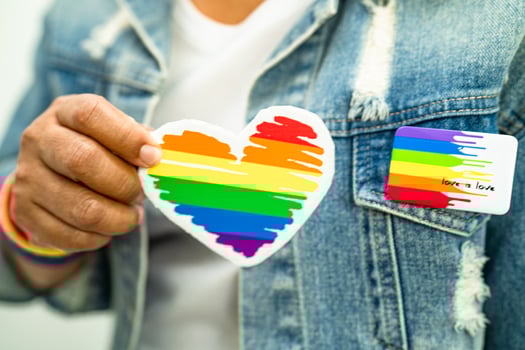 Asian lady wearing rainbow flag wristbands and hold red heart, symbol of LGBT pride month celebrate annual in June social of gay, lesbian, bisexual, transgender, human rights. photo