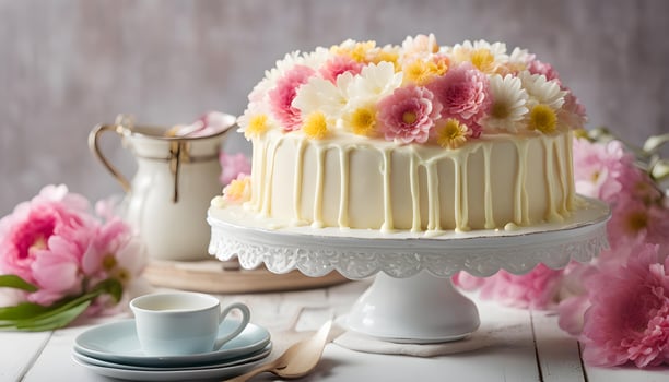 AI generated a cake with flowers on top and a cup of coffee photo