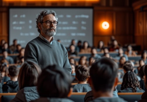AI generated An employee is presenting to a room full of people. Man Standing in Front of a Crowd of People photo
