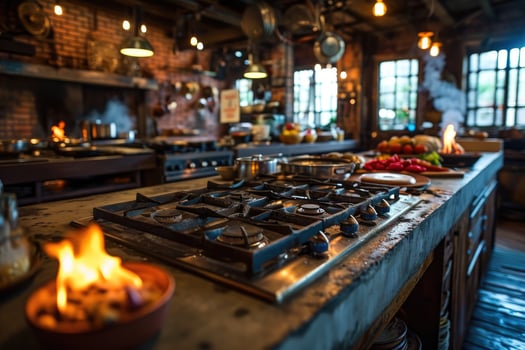 AI generated industrial kitchen design with concrete professional advertising photography photo