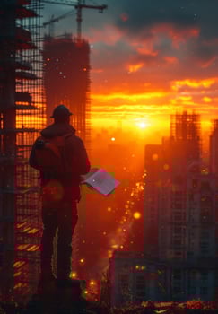 AI generated Building construction with man taking notes. An urban explorer captures a breathtaking photo of a man standing atop a towering city building.