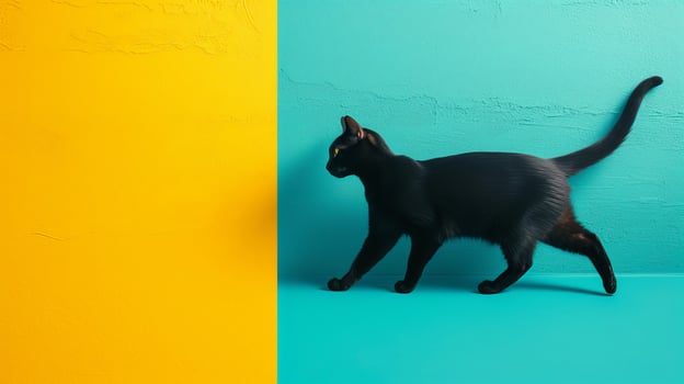 AI generated Fluffy cat walking on pastel background in studio shot with copy space on left side photo