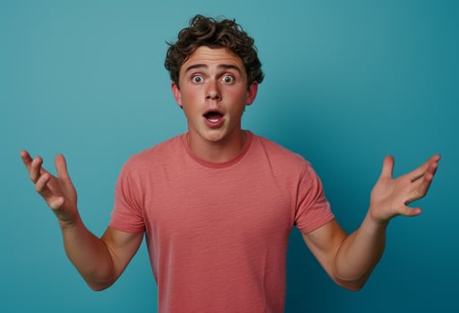 AI generated Man with outstretched hands on blue background expressing surprise, people laughing concept photo