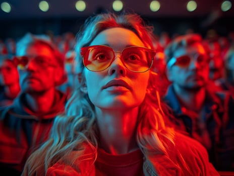 AI generated People in the theater watching movie. A theater with people sitting and wearing 3d glasses photo