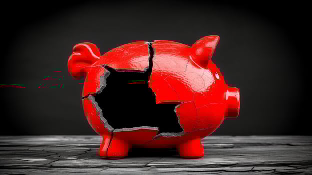 AI generated Piggy bank breaking  symbolizing financial crisis, bankruptcy, and economic stress photo