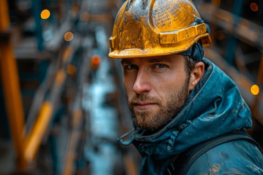 AI generated Portrait of worker in helmet at construction site. photo