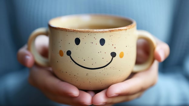 AI generated Happy morning concept image of hands holding a coffee cup with a smiling face mug photo