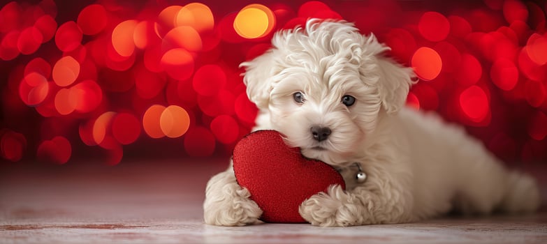 AI generated Adorable puppy with heart shaped pillow for valentine s day on blurred background photo