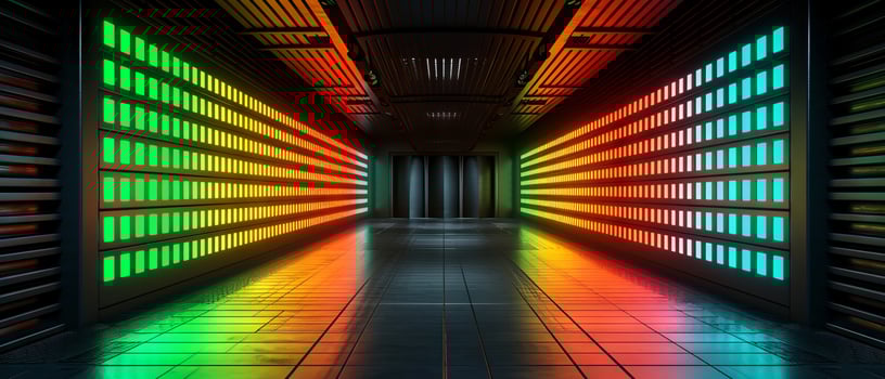 AI generated A brightly lit, long hallway lined with rows of colorful lights extending into the distance photo
