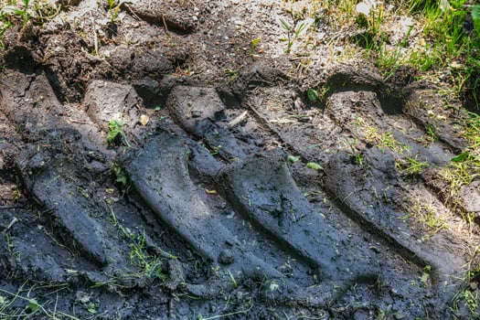 Tracks left in the mud by a tractor. Close up photo