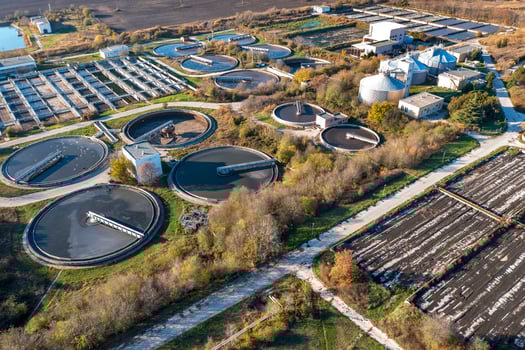 Aerial top view of a city sewage treatment plant. photo