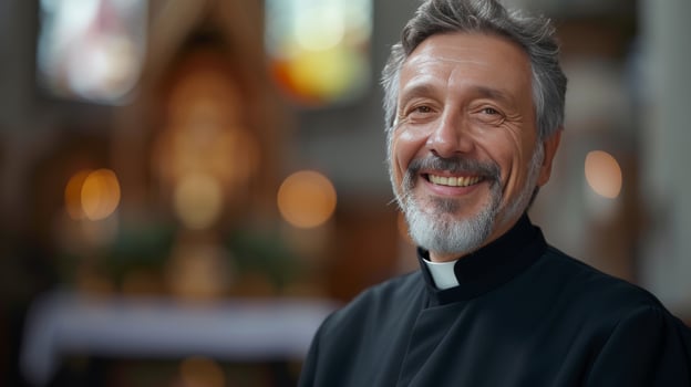 AI generated A smiling clergyman, his kind eyes reflecting serenity and devotion in the sacred setting photo