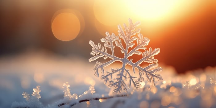 AI generated Winter season outdoors landscape, snowflake shape in nature on a forest ground covered with ice and photo