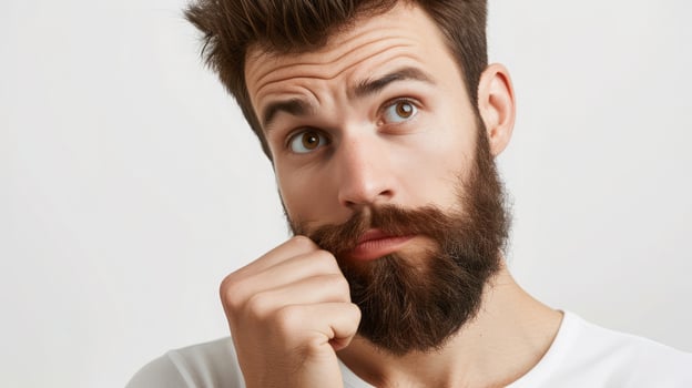AI generated Image of hesitant unshaven European male with thick beard, holds chin, purses lips with clueless expressions, doubts what to eat delicious for supper photo