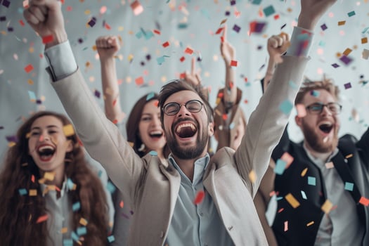AI generated Group of happy business people celebrating success with raised hands in office. photo