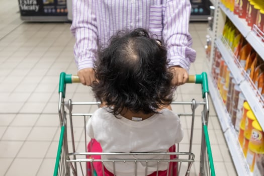 A mother pushing a shopping cart dan her child sitting in trolley in supermarket photo