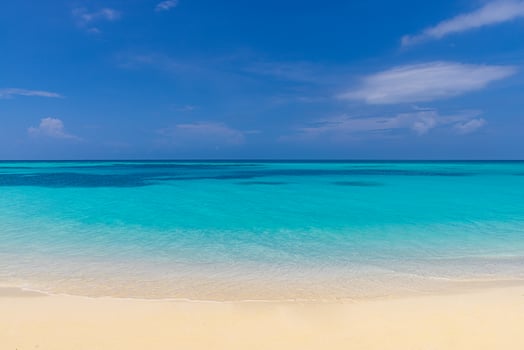 Tropical sunny beach view. Calm sunshine and relaxing empty beach scene, blue sky happy clouds and white sand. Tranquil nature shore coast landscape. Seaside beachfront horizon seascape in sunlight photo