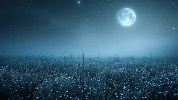 AI generated Mystical Moonlit Meadow. Soft silver and indigo shades merge, conjuring the tranquility of a moonlit meadow under a starry night sky. photo