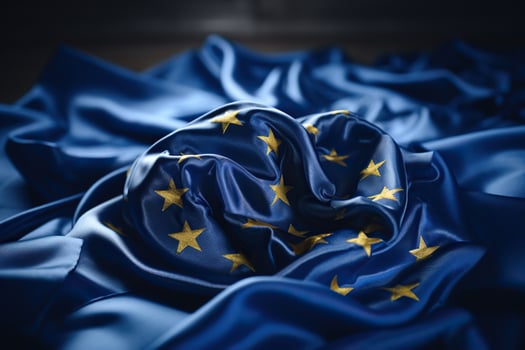 AI generated Yellow stars on blue silk fabric. Symbol of the European Union. European Union flag. Generated by artificial intelligence photo