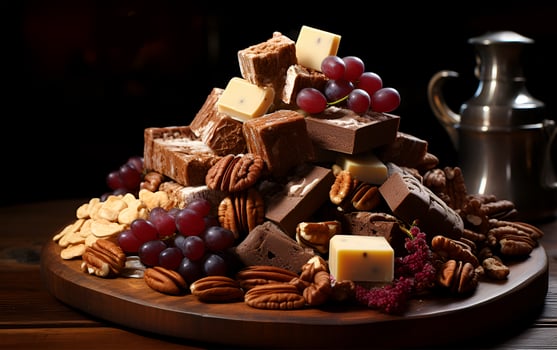 AI generated View of chocolate nuts and other delicious food on a wooden table photo