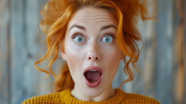 AI generated Portrait surprise face, Portrait of an amazed woman with an open mouth and round big eyes, astonished expression,  Looking camera. White background. photo