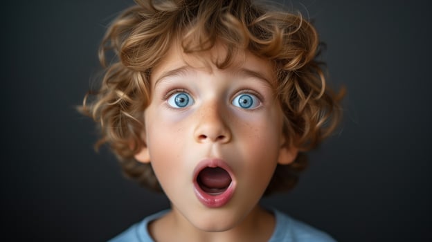AI generated Portrait surprise face, Portrait of an amazed boy with an open mouth and round big eyes, astonished expression,  Looking camera. black background. photo