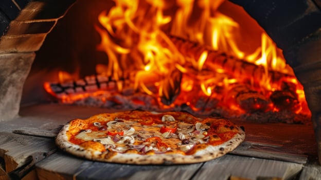 AI generated A rustic wood-fired pizza oven, flames dancing around a freshly baked pizza photo
