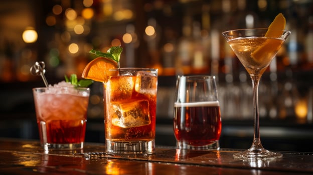 AI generated A vintage bar scene featuring classic cocktails like the Old Fashioned and Martini photo