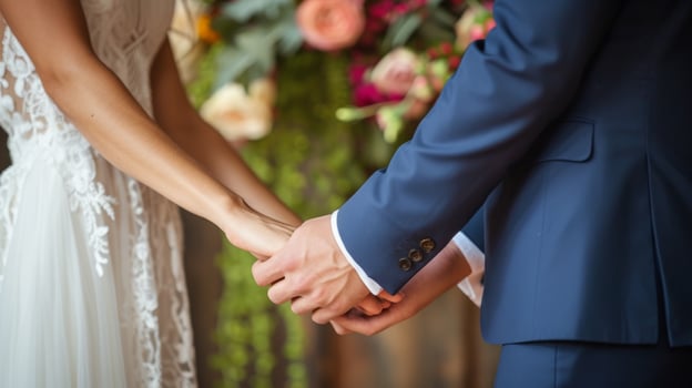 AI generated Fingers entwined, they exchange vows, framed by a rustic, romantic backdrop photo