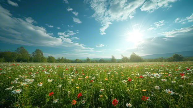 AI generated Vivid wildflowers bloom under the golden light of sunset in a serene meadow, with a beautiful blue sky dotted with clouds above. photo
