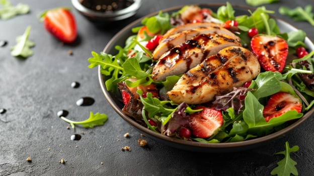 AI generated A vibrant mixed greens salad topped with grilled chicken, strawberries, and balsamic vinaigrette photo